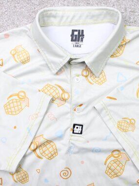 Greater Half AOP Polo Shirt Mens Large Beige Grenade All Over Print Golf S/S